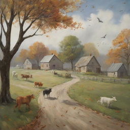 Revise the serene village image to depict an incoming gust of wind. Trees bend, leaves flurry in the air, while farm animals scamper for shelter, introducing a dynamic and dramatic element to the scene.