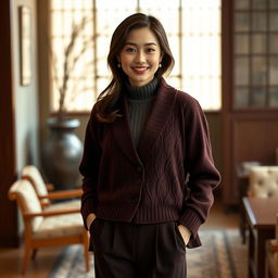 A stunning Asian Chinese princess aged 35-45, radiating elegance while wearing a relaxed fit jacket paired with single pleated pants