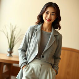 A stunning Asian Chinese princess aged 35-45, radiating elegance while wearing a relaxed fit jacket paired with single pleated pants