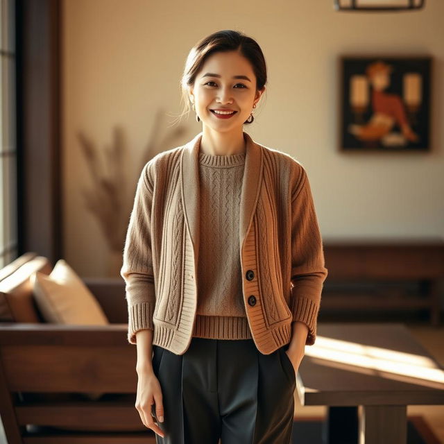 A stunning Asian Chinese princess aged 35-45, radiating elegance while wearing a relaxed fit jacket paired with single pleated pants