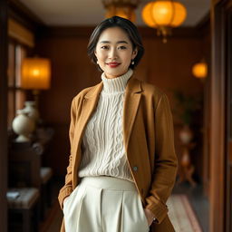 A stunning Asian Chinese princess aged 35-45, radiating elegance while wearing a relaxed fit jacket paired with single pleated pants