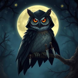 A mystical owl rogue perched on a moonlit branch, wearing a dark, flowing cloak that blends with the night