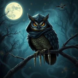 A mystical owl rogue perched on a moonlit branch, wearing a dark, flowing cloak that blends with the night