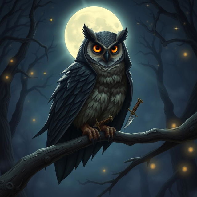 A mystical owl rogue perched on a moonlit branch, wearing a dark, flowing cloak that blends with the night