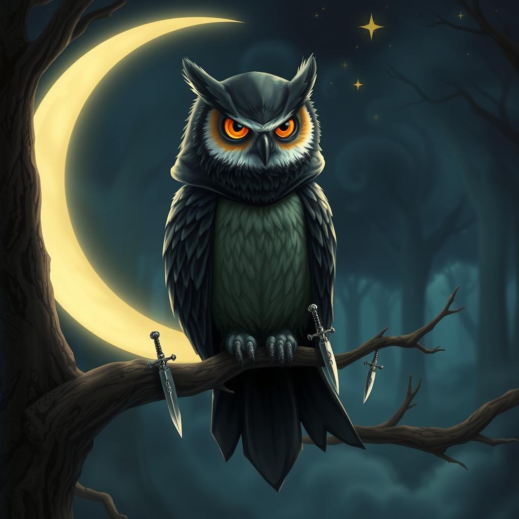 A mystical owl rogue perched on a moonlit branch, wearing a dark, flowing cloak that blends with the night