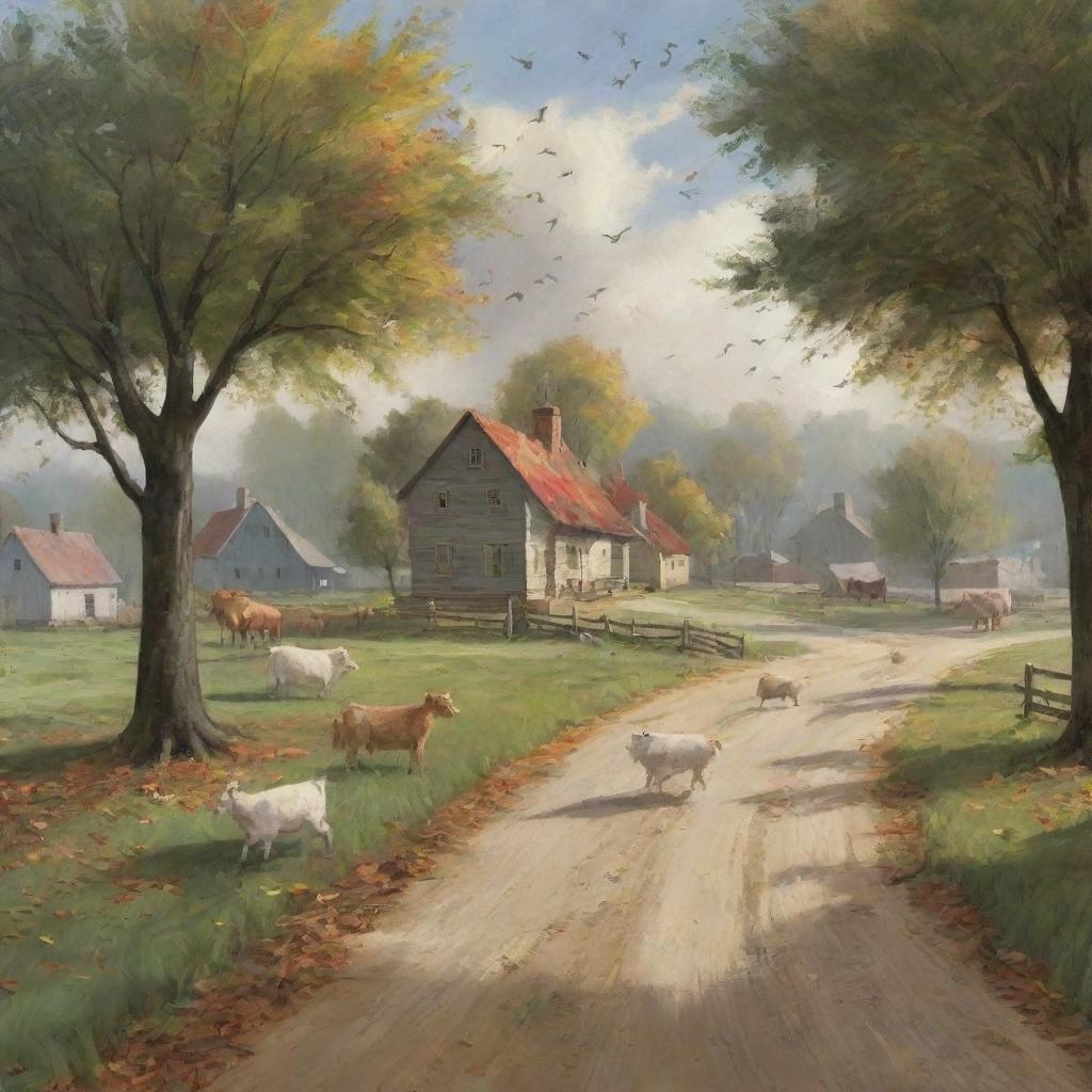 Revise the serene village image to depict an incoming gust of wind. Trees bend, leaves flurry in the air, while farm animals scamper for shelter, introducing a dynamic and dramatic element to the scene.