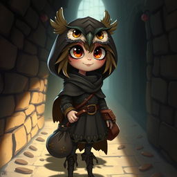 A fantasy character that is a blend of an owl and a girl, depicted as a mischievous thief