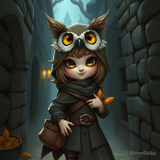 A fantasy character that is a blend of an owl and a girl, depicted as a mischievous thief