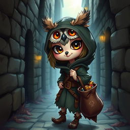 A fantasy character that is a blend of an owl and a girl, depicted as a mischievous thief