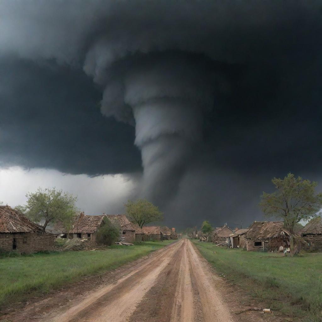 Transform the tranquil village scene to portray a sudden, severe tornado. Dark storm clouds gathering, winds whipping up dust and debris, and panic-stricken villagers seeking shelter evoke a scene of natural calamity.