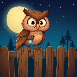 An adorable brown owl depicted as a clever thief, perched on a wooden fence in the moonlight