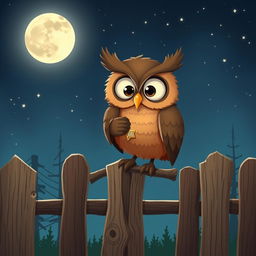 An adorable brown owl depicted as a clever thief, perched on a wooden fence in the moonlight