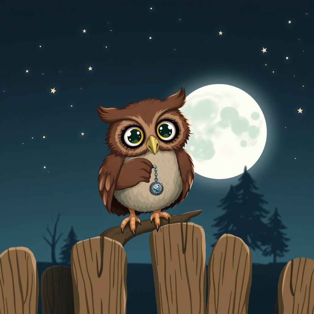 An adorable brown owl depicted as a clever thief, perched on a wooden fence in the moonlight