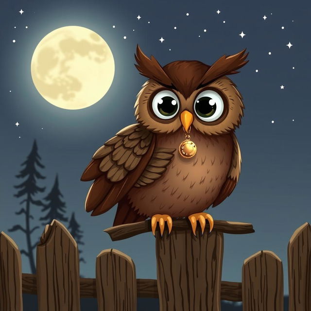 An adorable brown owl depicted as a clever thief, perched on a wooden fence in the moonlight