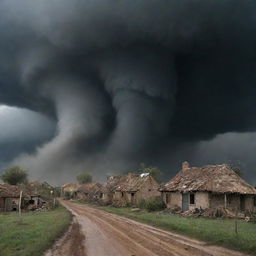 Transform the tranquil village scene to portray a sudden, severe tornado. Dark storm clouds gathering, winds whipping up dust and debris, and panic-stricken villagers seeking shelter evoke a scene of natural calamity.