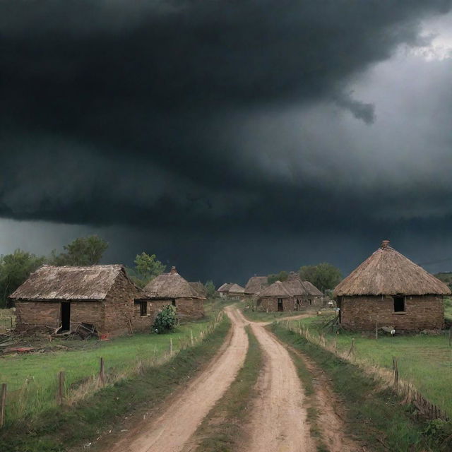 Transform the tranquil village scene to portray a sudden, severe tornado. Dark storm clouds gathering, winds whipping up dust and debris, and panic-stricken villagers seeking shelter evoke a scene of natural calamity.