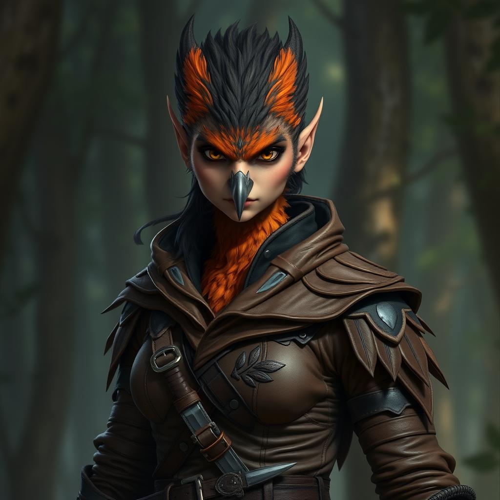 A portrait of a female Strig rogue from Humblewood, showcasing her vibrant plumage and avian features