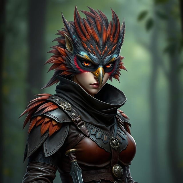 A portrait of a female Strig rogue from Humblewood, showcasing her vibrant plumage and avian features