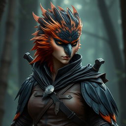 A portrait of a female Strig rogue from Humblewood, showcasing her vibrant plumage and avian features