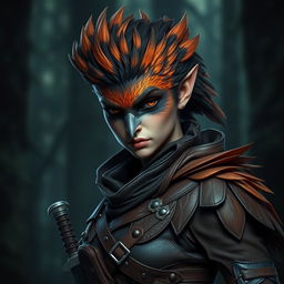A portrait of a female Strig rogue from Humblewood, showcasing her vibrant plumage and avian features