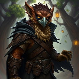 A striking portrait of a Humblewood Strig rogue character, depicted in a dynamic and engaging pose