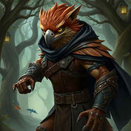 A striking portrait of a Humblewood Strig rogue character, depicted in a dynamic and engaging pose