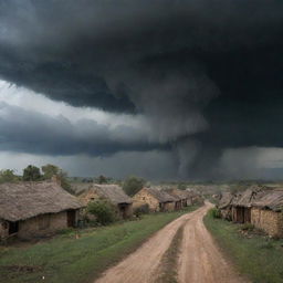 Transform the tranquil village scene to portray a sudden, severe tornado. Dark storm clouds gathering, winds whipping up dust and debris, and panic-stricken villagers seeking shelter evoke a scene of natural calamity.