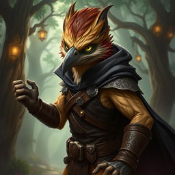 A striking portrait of a Humblewood Strig rogue character, depicted in a dynamic and engaging pose