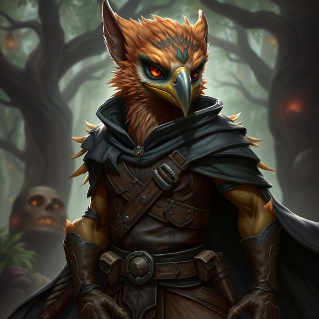 A striking portrait of a Humblewood Strig rogue character, depicted in a dynamic and engaging pose