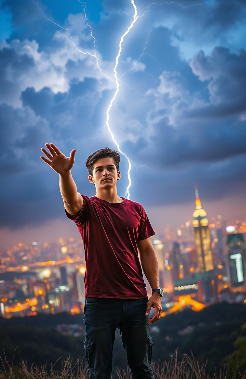 A young man standing on a hill overlooking a vibrant city skyline at twilight, with dramatic clouds illuminated by flashes of lightning in the background