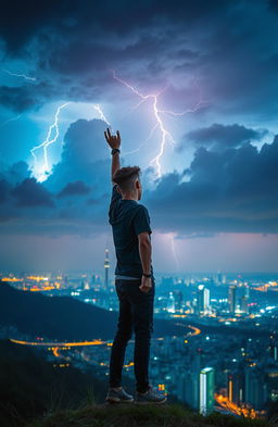 A young man standing on a hill overlooking a vibrant city skyline at twilight, with dramatic clouds illuminated by flashes of lightning in the background