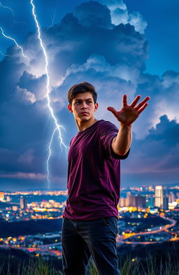 A young man standing on a hill overlooking a vibrant city skyline at twilight, with dramatic clouds illuminated by flashes of lightning in the background