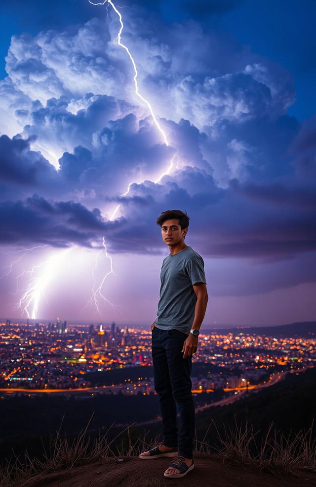 A young man standing on a hill overlooking a vibrant city skyline at twilight, with dramatic clouds illuminated by flashes of lightning in the background