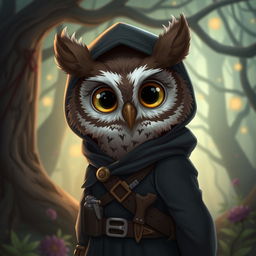 A portrait of a young owl rogue thief from the Humblewood setting, showcasing a cute and clever owl character