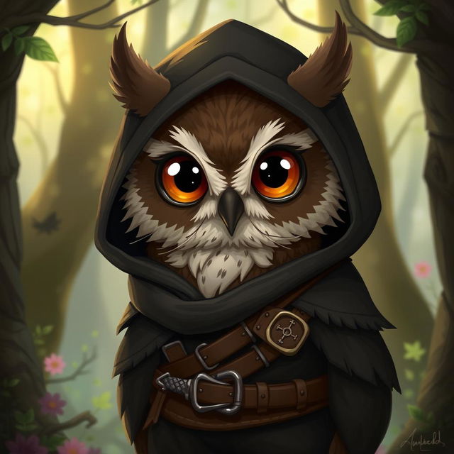 A portrait of a young owl rogue thief from the Humblewood setting, showcasing a cute and clever owl character