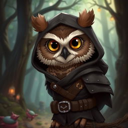 A portrait of a young owl rogue thief from the Humblewood setting, showcasing a cute and clever owl character