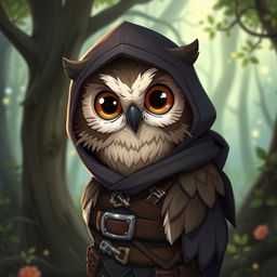 A portrait of a young owl rogue thief from the Humblewood setting, showcasing a cute and clever owl character