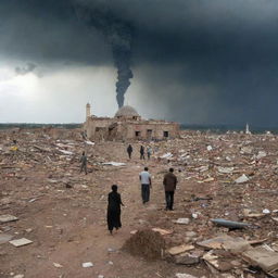 Further develop the tornado disaster scene: villagers running in terror, homes shattered with debris flying, yet amidst the chaos, the mosque stands miraculously undamaged, becoming a beacon of calm, hope, and resilience.