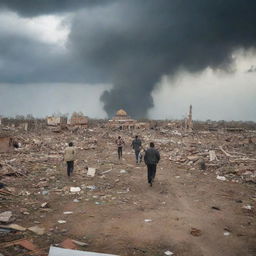 Further develop the tornado disaster scene: villagers running in terror, homes shattered with debris flying, yet amidst the chaos, the mosque stands miraculously undamaged, becoming a beacon of calm, hope, and resilience.