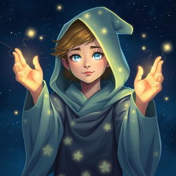 A portrait of a young luma wizard from the Humblewood setting, featuring bright, flowing starry robes adorned with celestial patterns