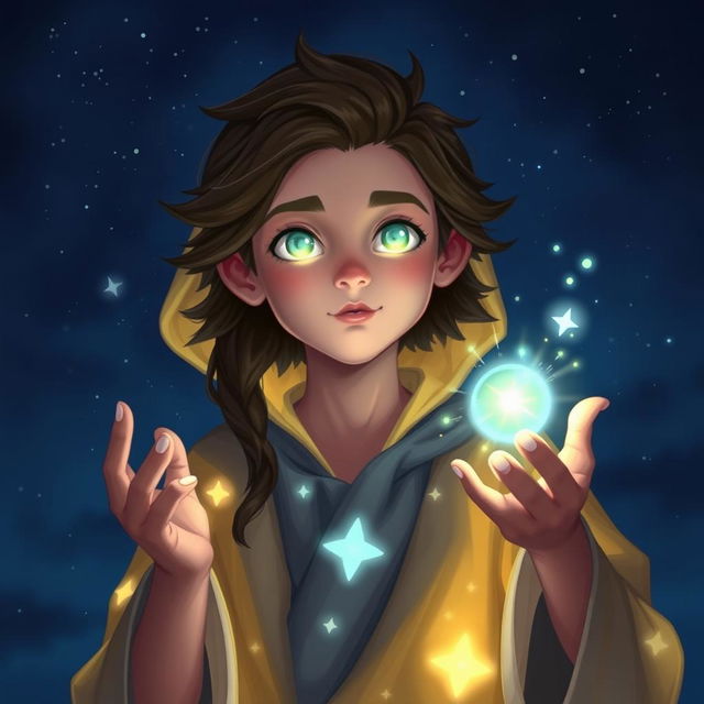 A portrait of a young luma wizard from the Humblewood setting, featuring bright, flowing starry robes adorned with celestial patterns