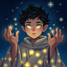 A portrait of a young luma wizard from the Humblewood setting, featuring bright, flowing starry robes adorned with celestial patterns