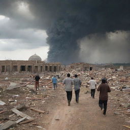 Further develop the tornado disaster scene: villagers running in terror, homes shattered with debris flying, yet amidst the chaos, the mosque stands miraculously undamaged, becoming a beacon of calm, hope, and resilience.