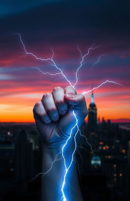 A powerful fist holding a bolt of lightning, illuminated against a vibrant city skyline at dusk