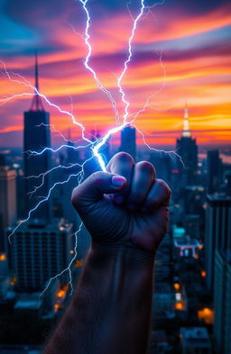 A powerful fist holding a bolt of lightning, illuminated against a vibrant city skyline at dusk