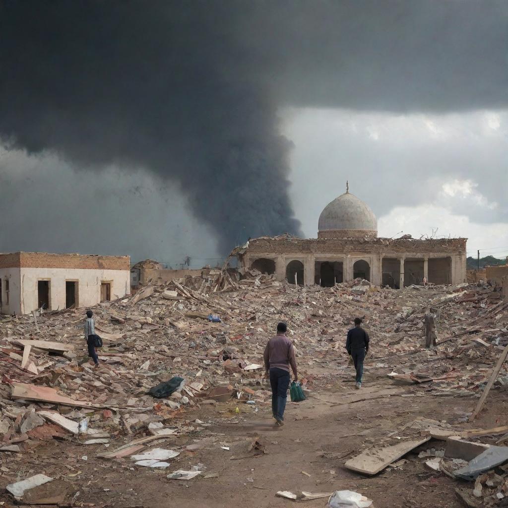 Further develop the tornado disaster scene: villagers running in terror, homes shattered with debris flying, yet amidst the chaos, the mosque stands miraculously undamaged, becoming a beacon of calm, hope, and resilience.