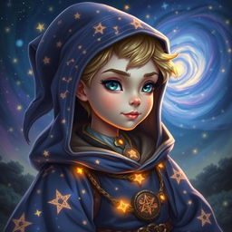 A portrait of a young dove wizard from the Humblewood setting, wearing exquisitely detailed starry robes that shimmer and twinkle like the night sky