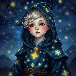 A portrait of a young dove wizard from the Humblewood setting, wearing exquisitely detailed starry robes that shimmer and twinkle like the night sky