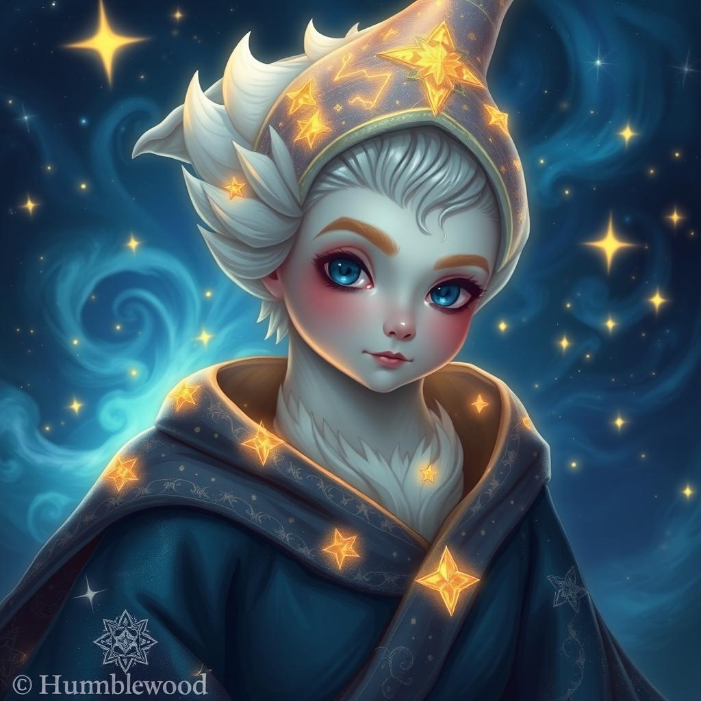 A portrait of a young dove wizard from the Humblewood setting, wearing exquisitely detailed starry robes that shimmer and twinkle like the night sky