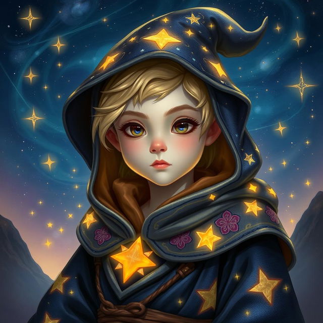 A portrait of a young dove wizard from the Humblewood setting, wearing exquisitely detailed starry robes that shimmer and twinkle like the night sky